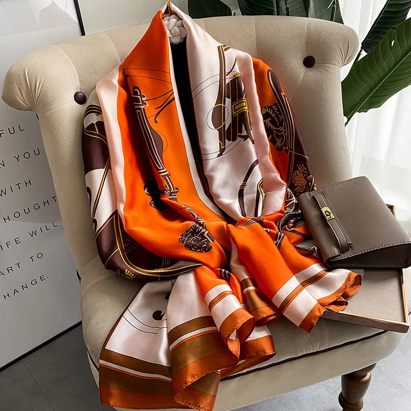 180*90cm Large Silk Satin Scarf Hijab Women Print Spring New Shawl Wrap Female Hand Foulard Pashmina Travel Echarpe 2022 NEW