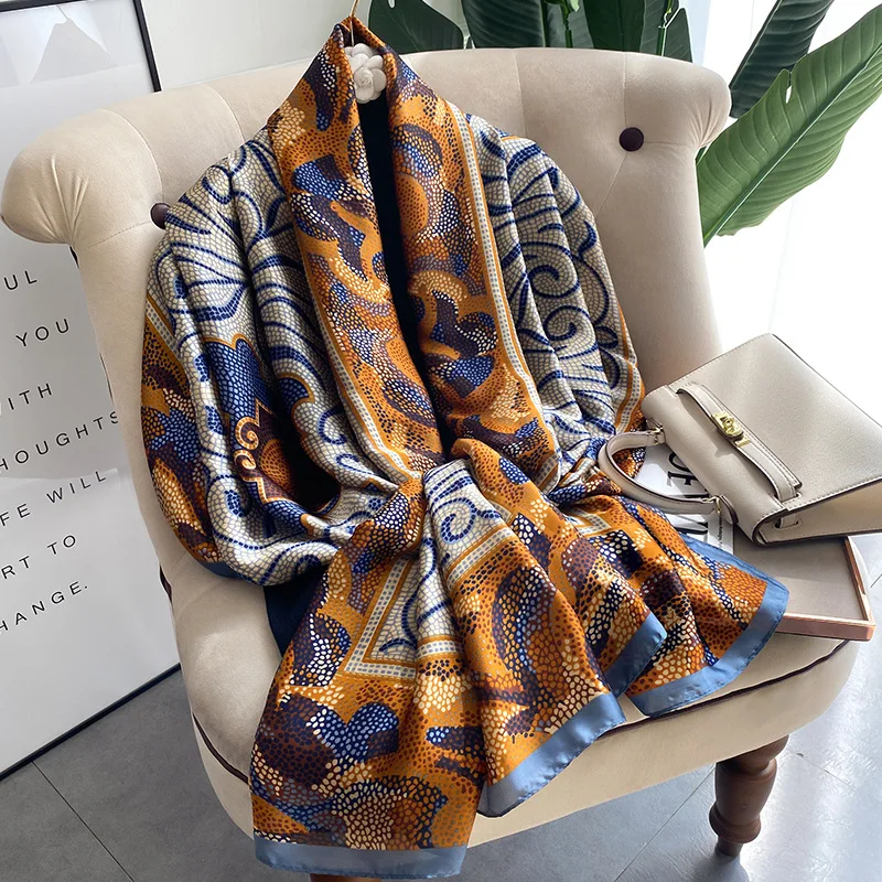 180*90cm Large Silk Satin Scarf Hijab Women Print Spring New Shawl Wrap Female Hand Foulard Pashmina Travel Echarpe 2022 NEW