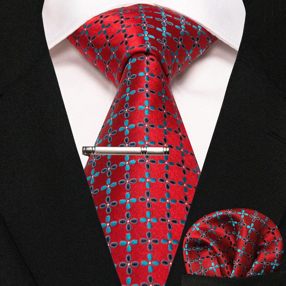 JEMYGINS New Fashion Black Plaid Men's Tie 8cm Silk Business Necktie Handkerchief Tie Clips Set Wedding Party Tie Gift For Men