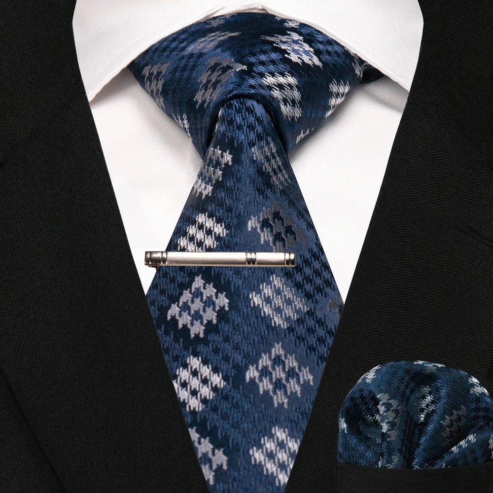 JEMYGINS New Fashion Black Plaid Men's Tie 8cm Silk Business Necktie Handkerchief Tie Clips Set Wedding Party Tie Gift For Men