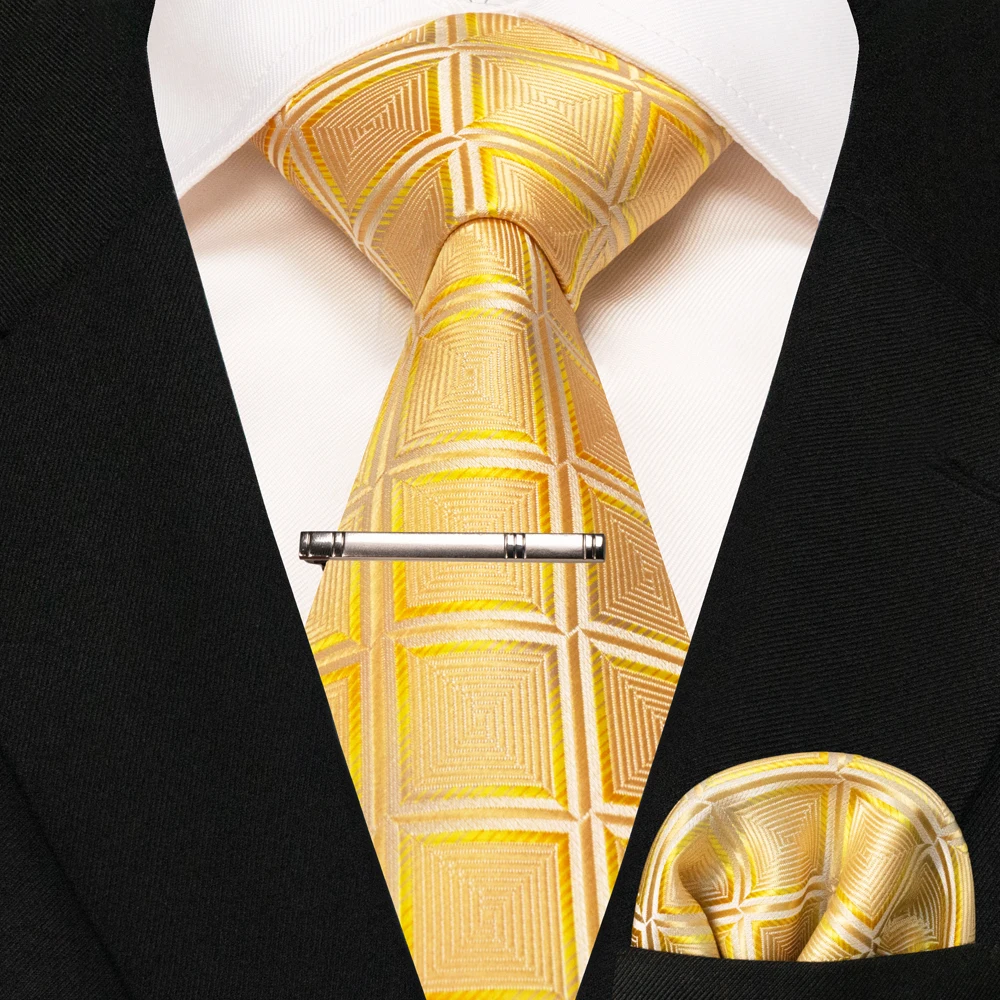 JEMYGINS New Fashion Black Plaid Men's Tie 8cm Silk Business Necktie Handkerchief Tie Clips Set Wedding Party Tie Gift For Men