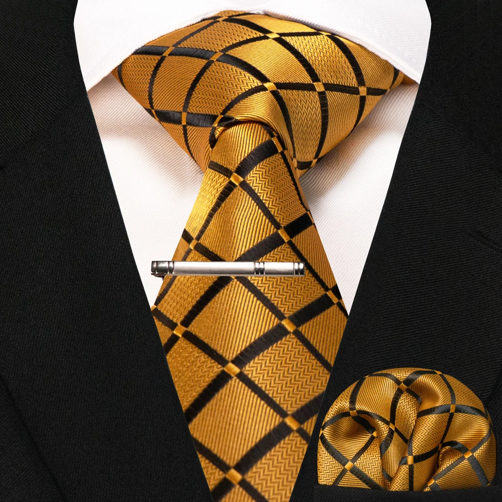 JEMYGINS New Fashion Black Plaid Men's Tie 8cm Silk Business Necktie Handkerchief Tie Clips Set Wedding Party Tie Gift For Men