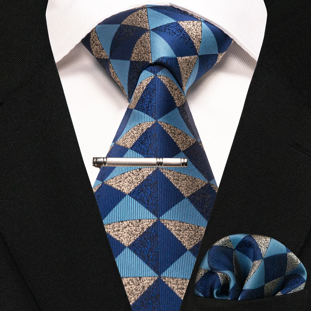 JEMYGINS New Fashion Black Plaid Men's Tie 8cm Silk Business Necktie Handkerchief Tie Clips Set Wedding Party Tie Gift For Men