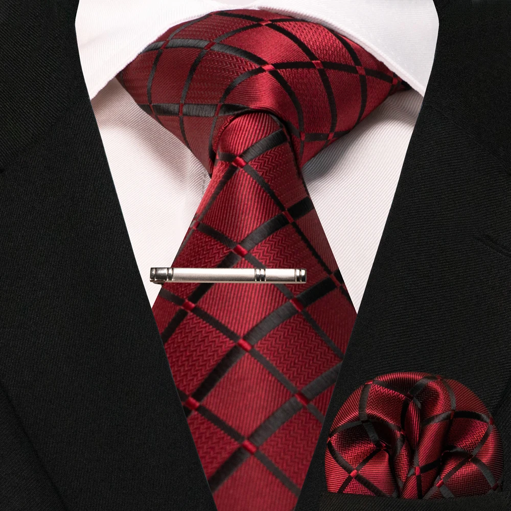 JEMYGINS New Fashion Black Plaid Men's Tie 8cm Silk Business Necktie Handkerchief Tie Clips Set Wedding Party Tie Gift For Men