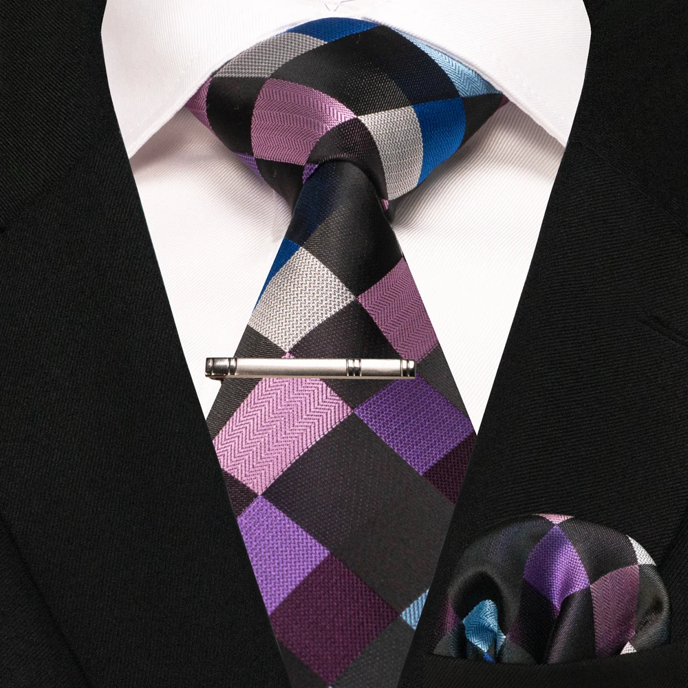 JEMYGINS New Fashion Black Plaid Men's Tie 8cm Silk Business Necktie Handkerchief Tie Clips Set Wedding Party Tie Gift For Men