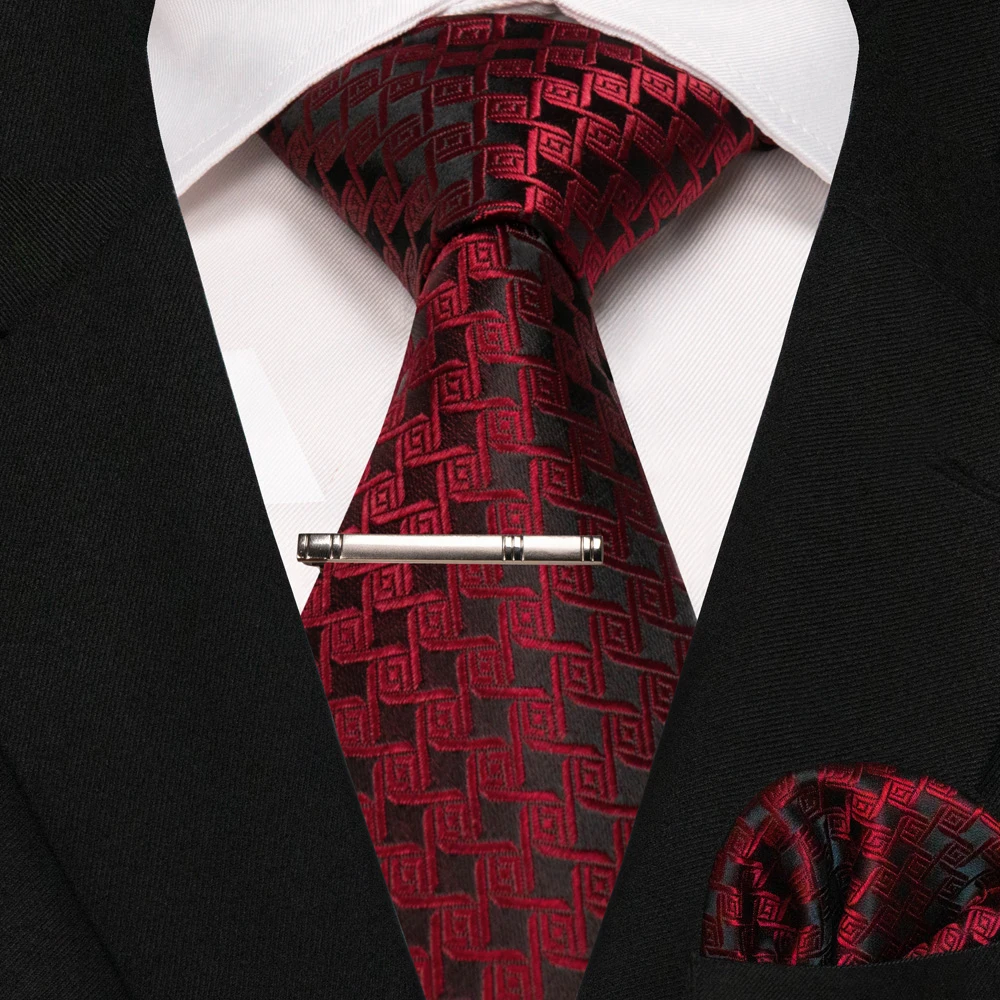 JEMYGINS New Fashion Black Plaid Men's Tie 8cm Silk Business Necktie Handkerchief Tie Clips Set Wedding Party Tie Gift For Men