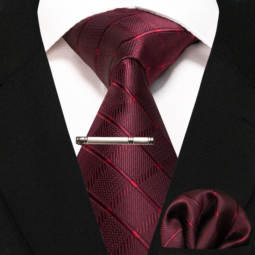 JEMYGINS New Fashion Black Plaid Men's Tie 8cm Silk Business Necktie Handkerchief Tie Clips Set Wedding Party Tie Gift For Men
