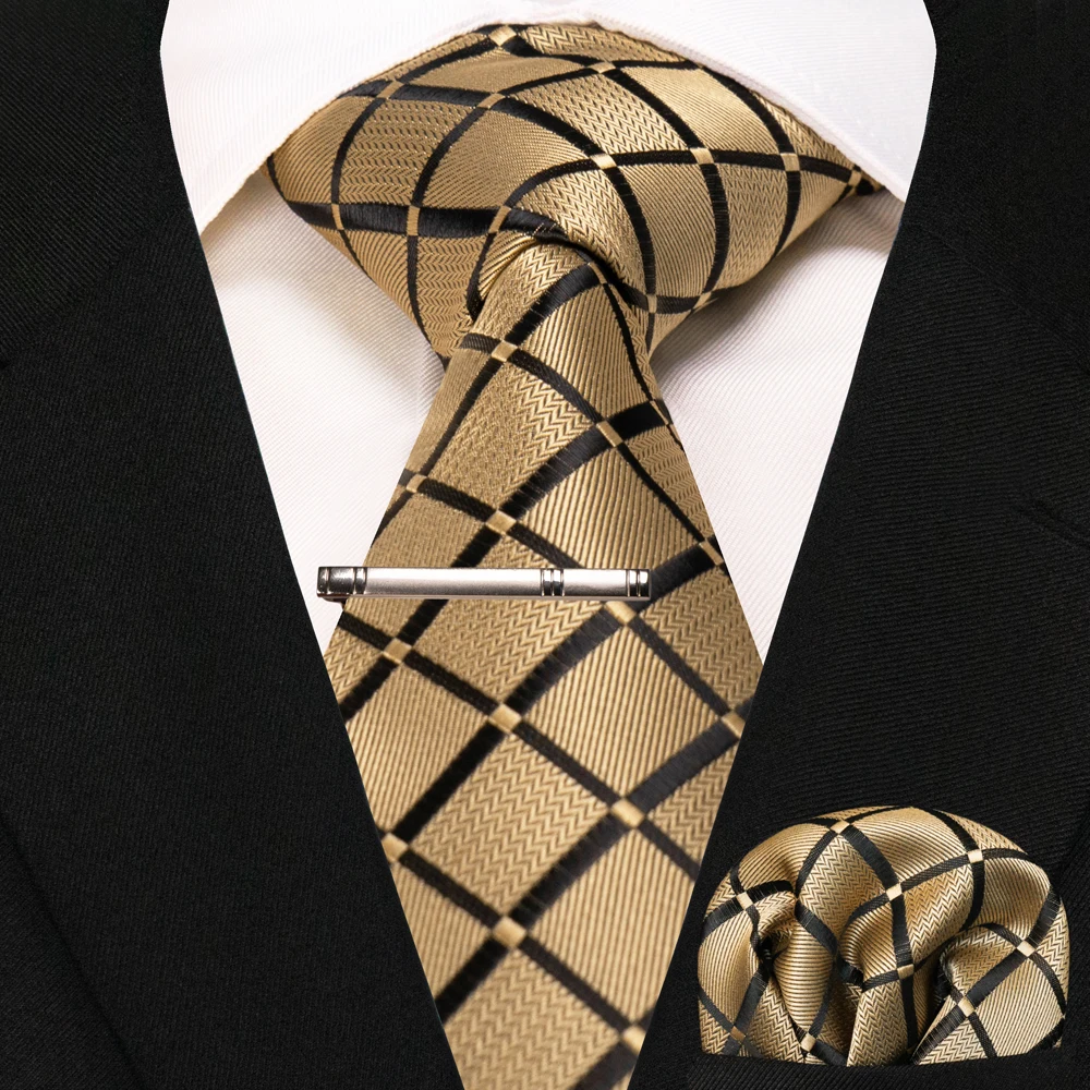 JEMYGINS New Fashion Black Plaid Men's Tie 8cm Silk Business Necktie Handkerchief Tie Clips Set Wedding Party Tie Gift For Men