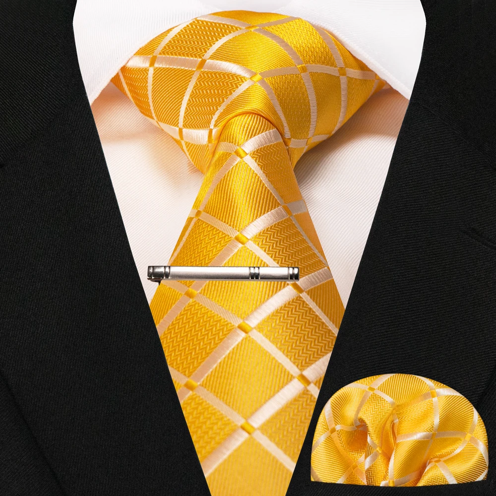 JEMYGINS New Fashion Black Plaid Men's Tie 8cm Silk Business Necktie Handkerchief Tie Clips Set Wedding Party Tie Gift For Men