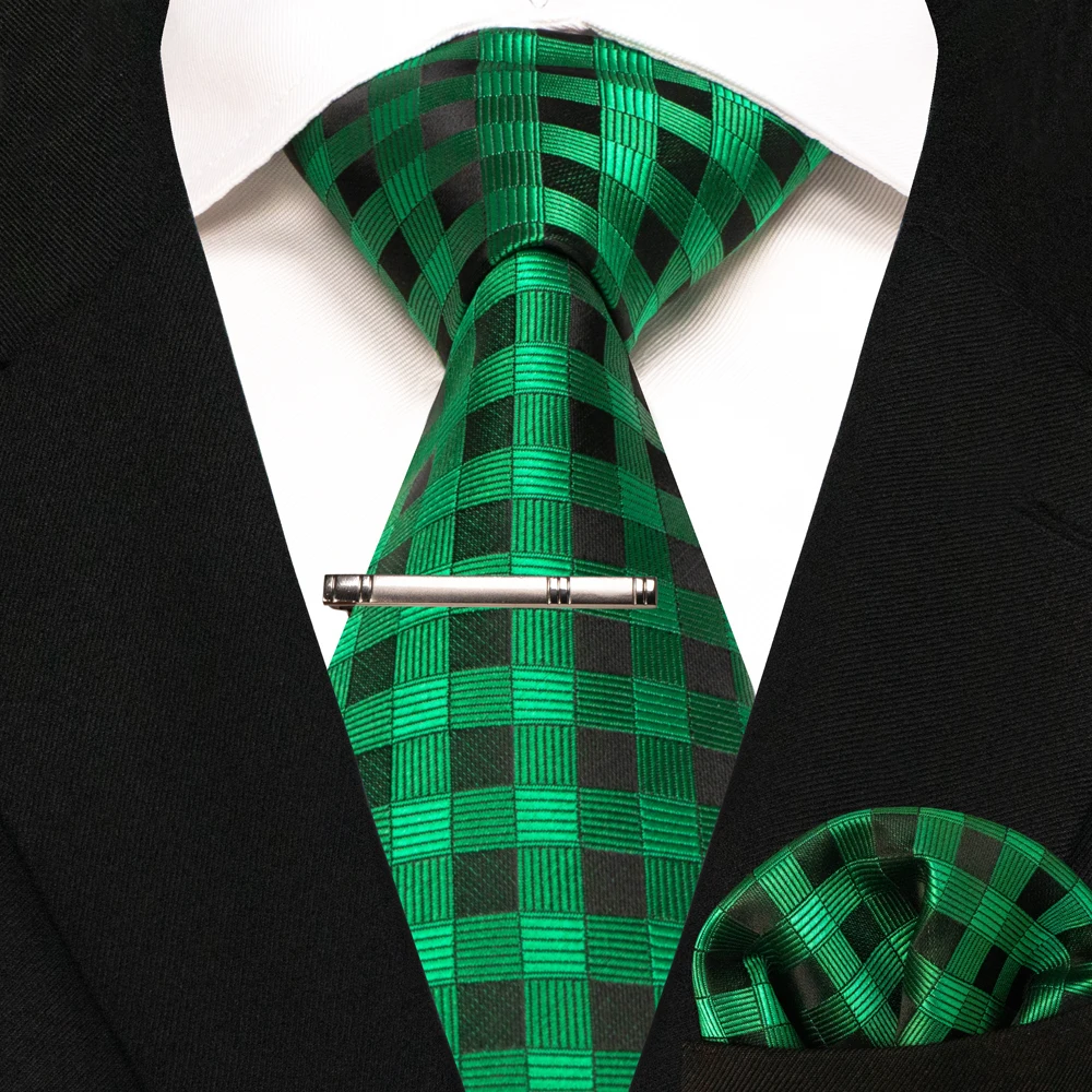 JEMYGINS New Fashion Black Plaid Men's Tie 8cm Silk Business Necktie Handkerchief Tie Clips Set Wedding Party Tie Gift For Men