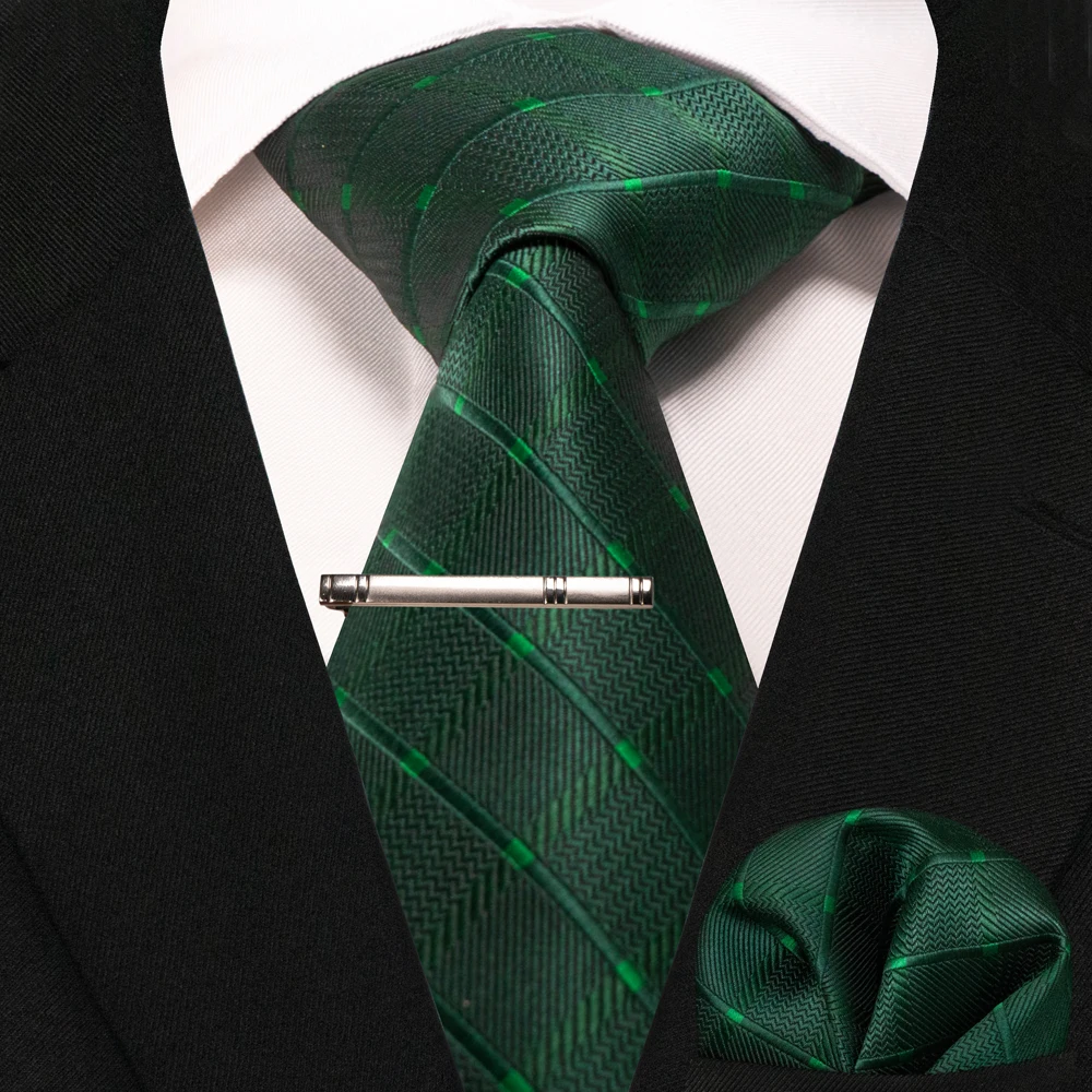 JEMYGINS New Fashion Black Plaid Men's Tie 8cm Silk Business Necktie Handkerchief Tie Clips Set Wedding Party Tie Gift For Men