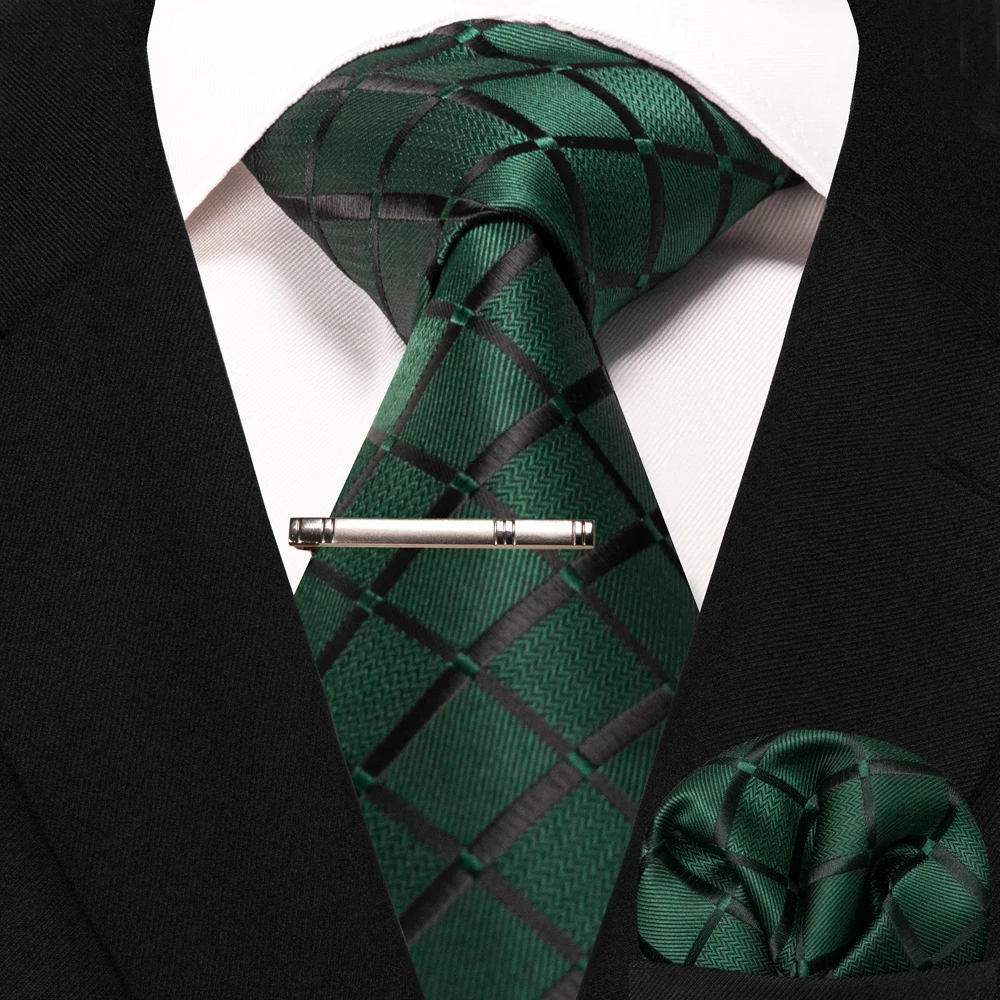 JEMYGINS New Fashion Black Plaid Men's Tie 8cm Silk Business Necktie Handkerchief Tie Clips Set Wedding Party Tie Gift For Men