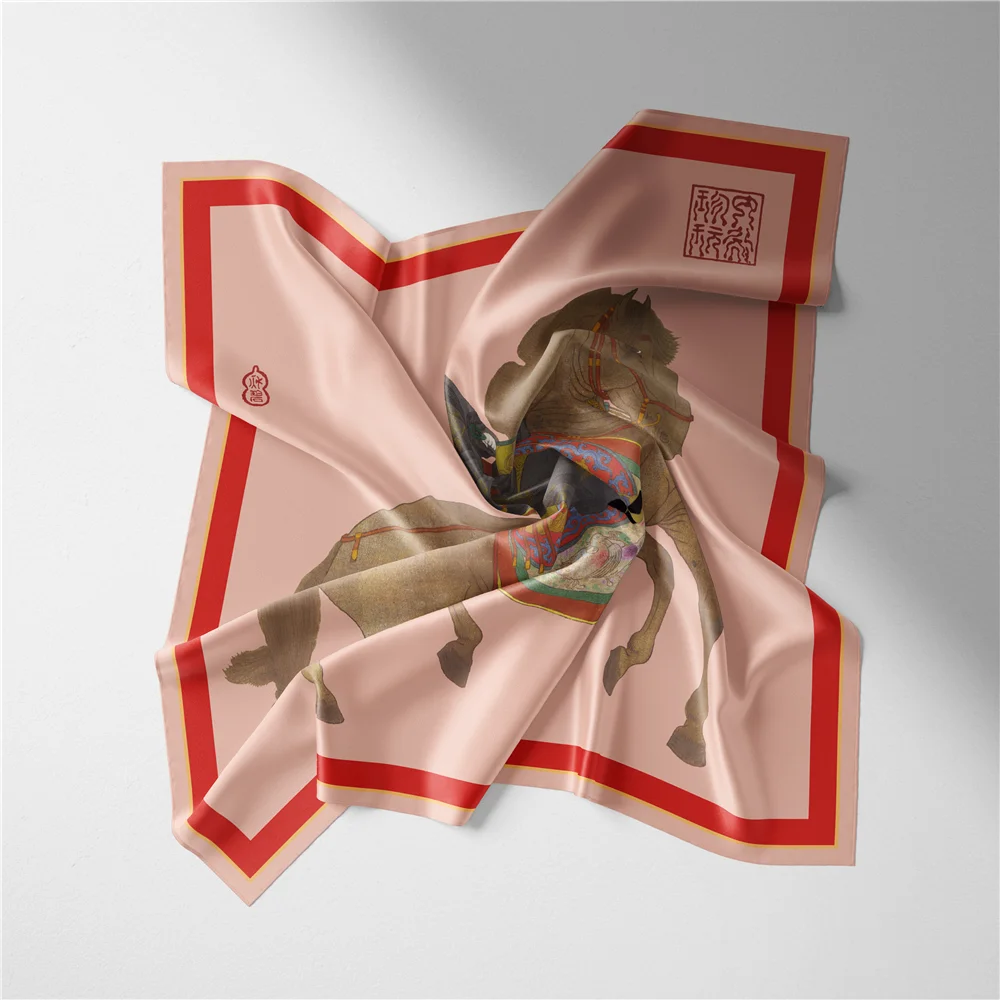 Twill Silk Scarf Woman Horse Riding Painting Square Scarves Wraps Bandana Small Hijab Silk Foulard Tie Headband Neckerchief 53CM