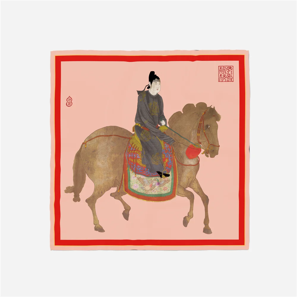 Twill Silk Scarf Woman Horse Riding Painting Square Scarves Wraps Bandana Small Hijab Silk Foulard Tie Headband Neckerchief 53CM