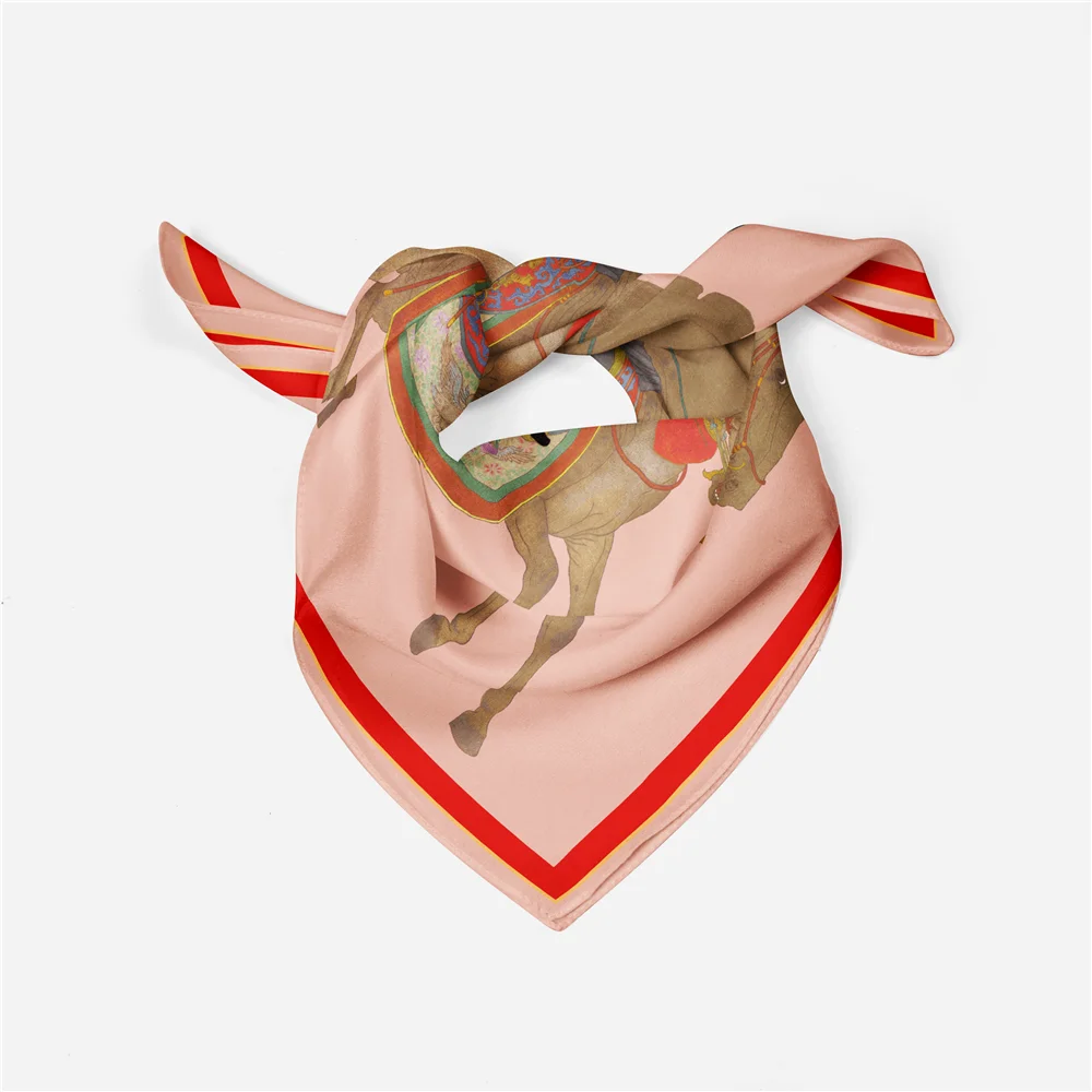 Twill Silk Scarf Woman Horse Riding Painting Square Scarves Wraps Bandana Small Hijab Silk Foulard Tie Headband Neckerchief 53CM