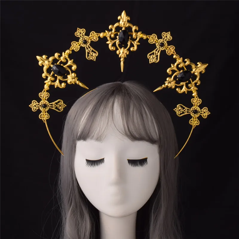 Gothic Lolita Black Rose Devil Feather Wings Gorgeous Vintage Mary Baroque Tiara Headwear Goddess Sun Halo Headband