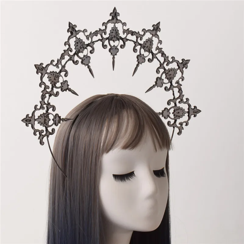 Gothic Lolita Black Rose Devil Feather Wings Gorgeous Vintage Mary Baroque Tiara Headwear Goddess Sun Halo Headband