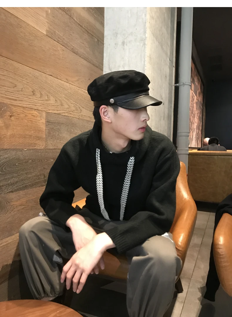 Suede Leather Hats For Men 2023 Korean Fashion Male Flat Top Military Navy Sailing Berets With Belt Chic Student Caps Streetwear