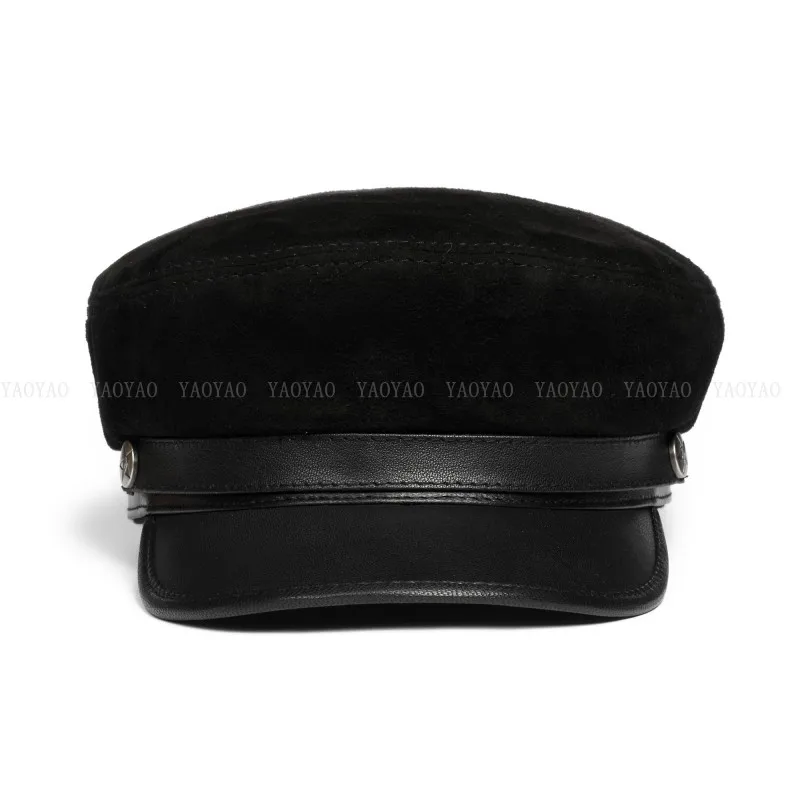 Suede Leather Hats For Men 2023 Korean Fashion Male Flat Top Military Navy Sailing Berets With Belt Chic Student Caps Streetwear