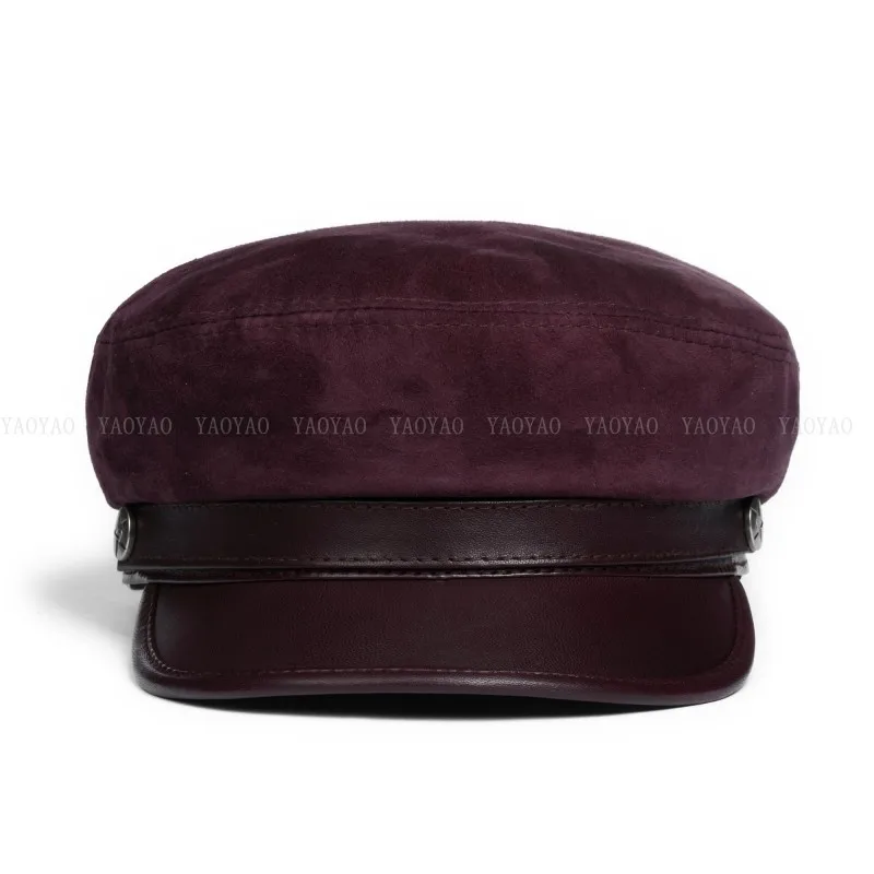 Suede Leather Hats For Men 2023 Korean Fashion Male Flat Top Military Navy Sailing Berets With Belt Chic Student Caps Streetwear