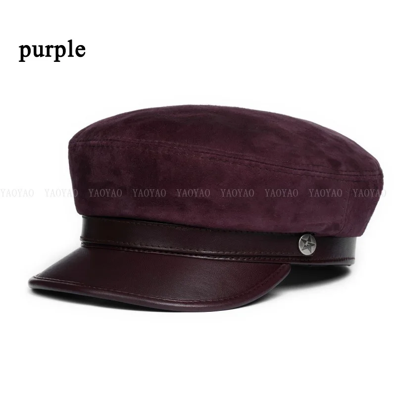 Suede Leather Hats For Men 2023 Korean Fashion Male Flat Top Military Navy Sailing Berets With Belt Chic Student Caps Streetwear