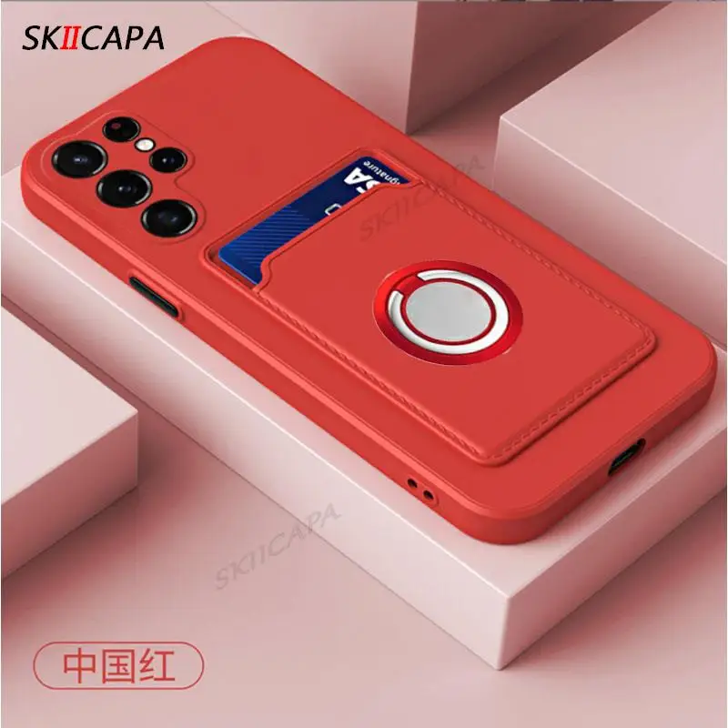 Card Slot Wallet Holder Cover for Samsung S23 S25 Ultra S24 Plus S20 FE Note 20 10 Pro Candy Color Silicone Magnetic Ring Case