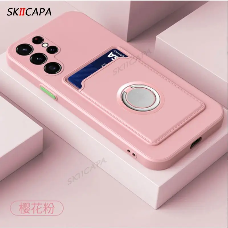 Card Slot Wallet Holder Cover for Samsung S23 S25 Ultra S24 Plus S20 FE Note 20 10 Pro Candy Color Silicone Magnetic Ring Case