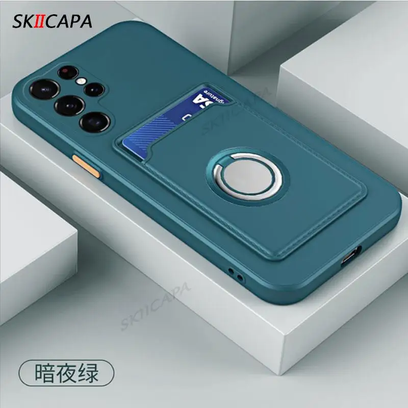 Card Slot Wallet Holder Cover for Samsung S23 S25 Ultra S24 Plus S20 FE Note 20 10 Pro Candy Color Silicone Magnetic Ring Case