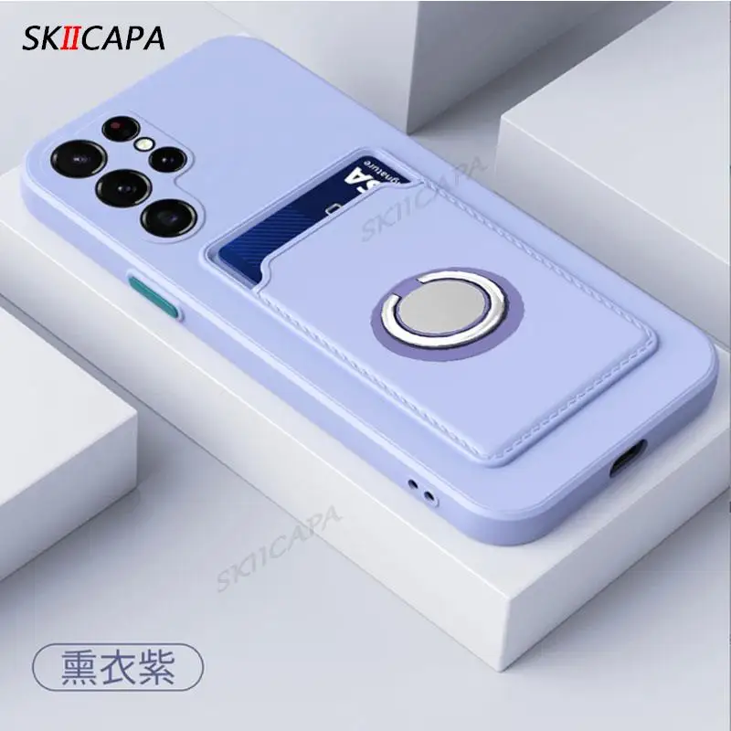 Card Slot Wallet Holder Cover for Samsung S23 S25 Ultra S24 Plus S20 FE Note 20 10 Pro Candy Color Silicone Magnetic Ring Case