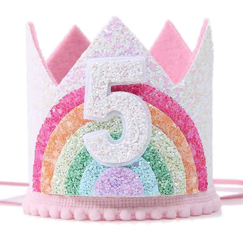 Felt Rainbow Crown Girl Birthday Party Headband 1st 2nd 3rd Birthday Party Decorations Kids Number Hat Baby Shower Unicorn Party