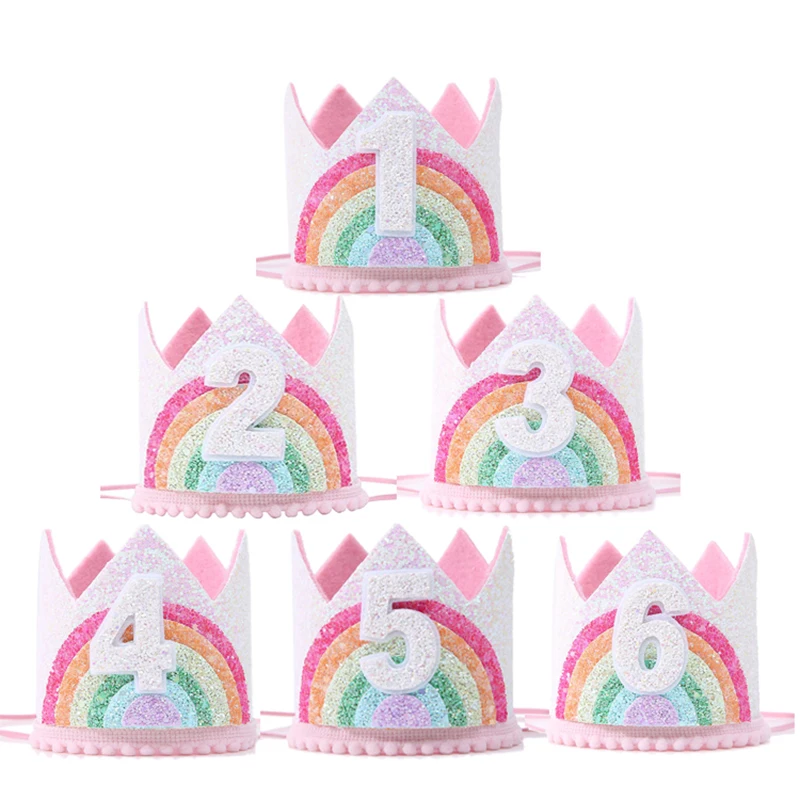 Felt Rainbow Crown Girl Birthday Party Headband 1st 2nd 3rd Birthday Party Decorations Kids Number Hat Baby Shower Unicorn Party