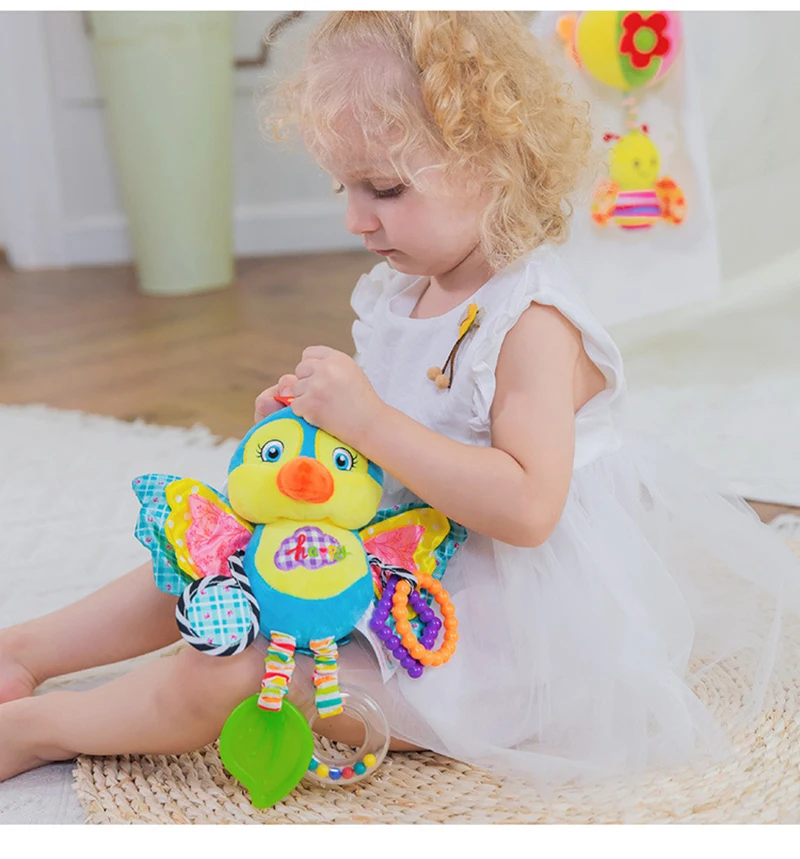 Soft Animal Handbells Rattles Butterfly Rabbit Duck Plush Infant Baby Development Handle Toys Hot Selling WIth Teether Baby Toy