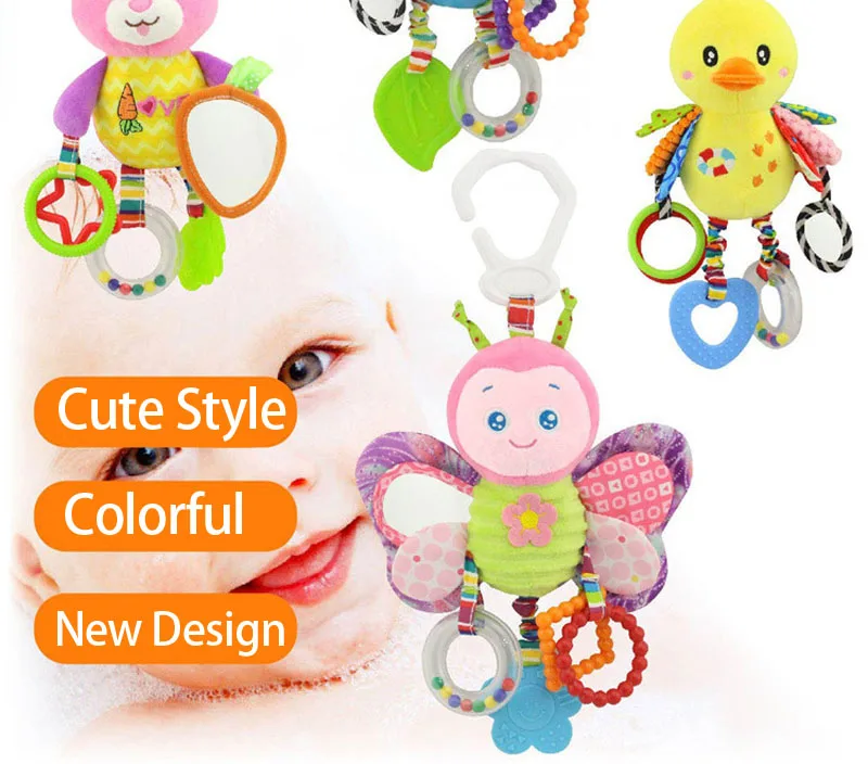 Soft Animal Handbells Rattles Butterfly Rabbit Duck Plush Infant Baby Development Handle Toys Hot Selling WIth Teether Baby Toy