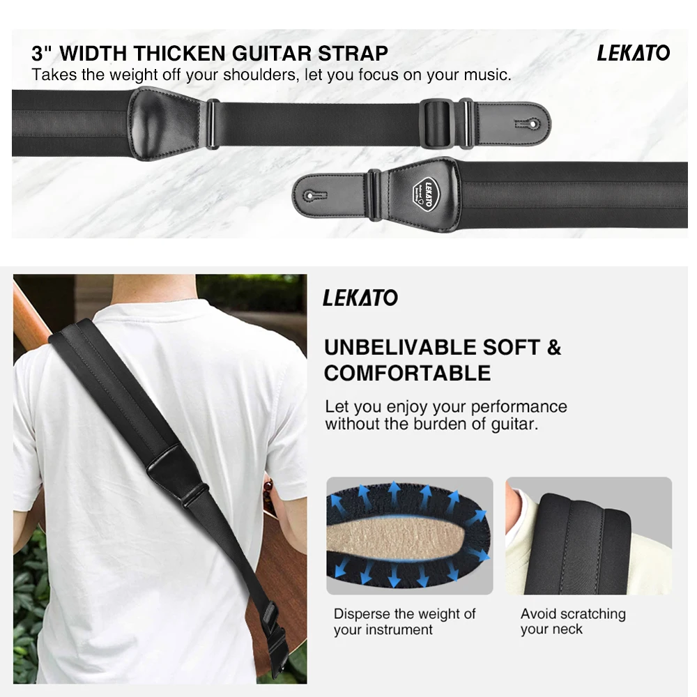 LEKATO LGS-2 Bass Guitar Strap with 6 Pick Adjustable Cowhide Acoustic Electric Bass Strap Guitar Belt Guitar parts Accessories