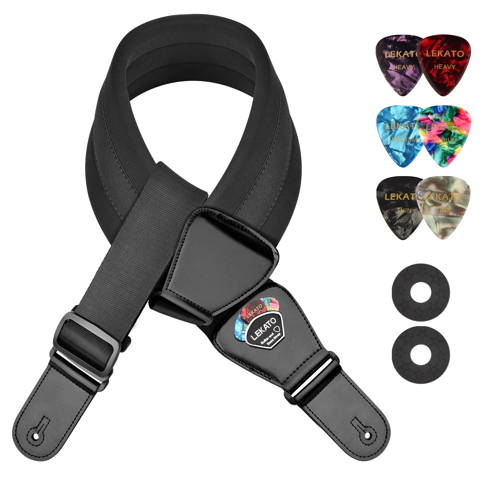 LEKATO LGS-2 Bass Guitar Strap with 6 Pick Adjustable Cowhide Acoustic Electric Bass Strap Guitar Belt Guitar parts Accessories