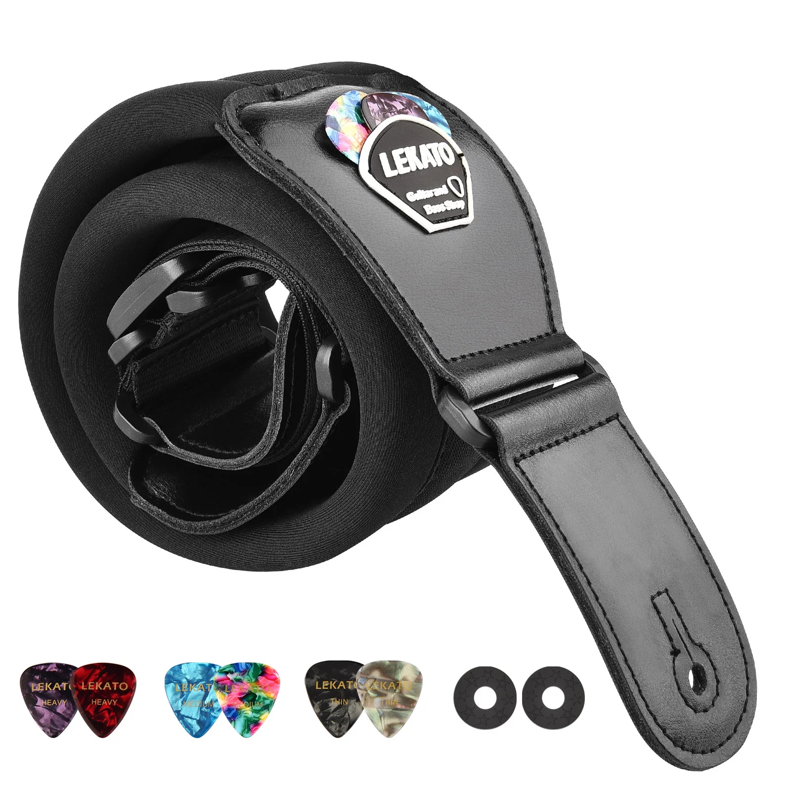 LEKATO LGS-2 Bass Guitar Strap with 6 Pick Adjustable Cowhide Acoustic Electric Bass Strap Guitar Belt Guitar parts Accessories