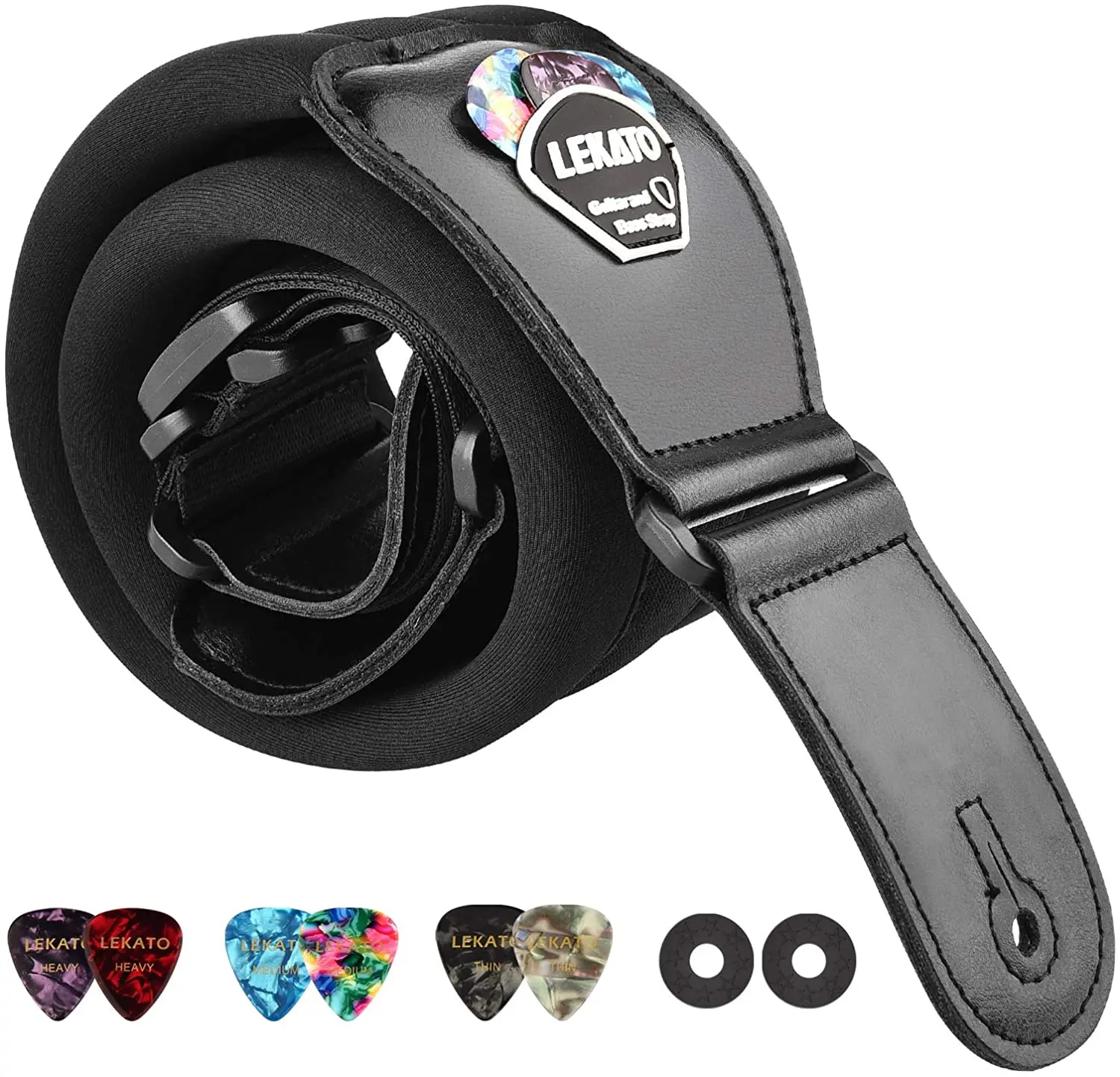 LEKATO LGS-2 Bass Guitar Strap with 6 Pick Adjustable Cowhide Acoustic Electric Bass Strap Guitar Belt Guitar parts Accessories