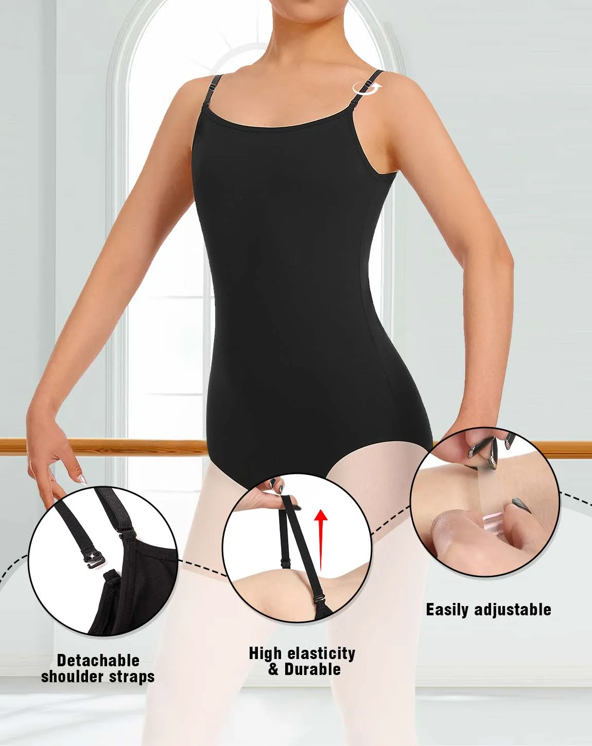 Women's Camisole Dance Leotards for Ballet, Detachable Adjustable Elastic&Clear Straps, Full Front Lining