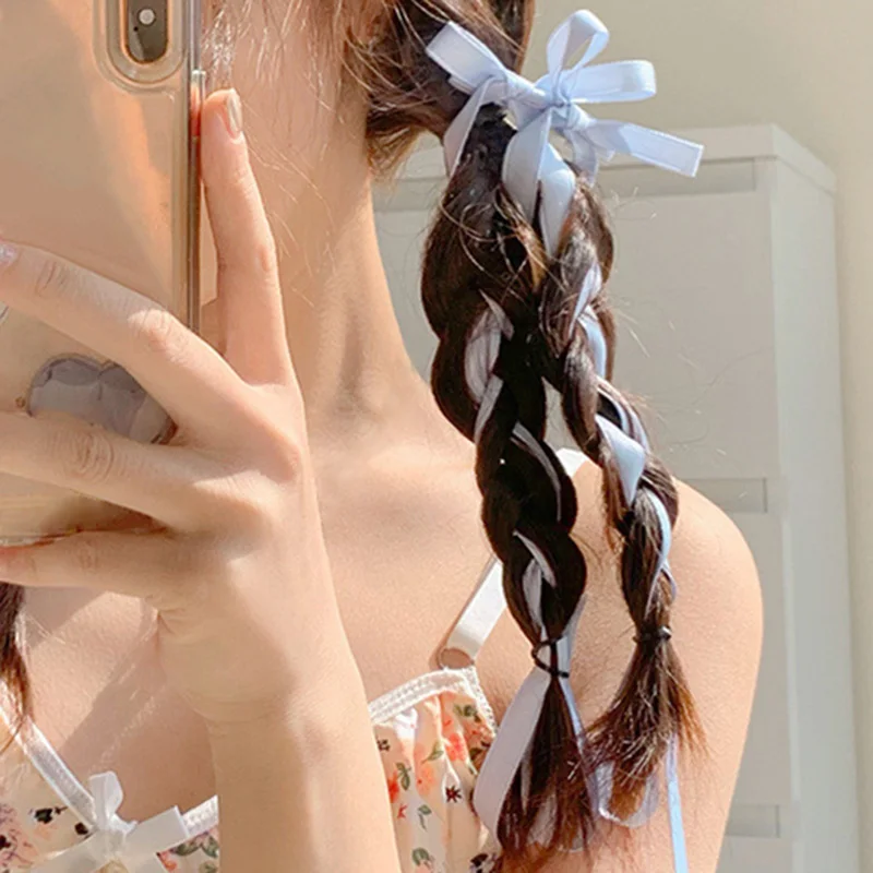 2Pcs Fashion Long Ribbons Braided Bows Hair Clips Hairpins For Women Girls Ponytails Holder Cute Headwear Hair Accessories