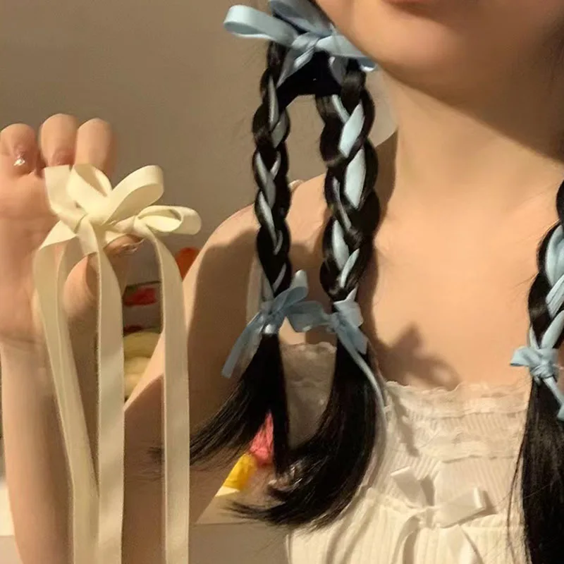 2Pcs Fashion Long Ribbons Braided Bows Hair Clips Hairpins For Women Girls Ponytails Holder Cute Headwear Hair Accessories