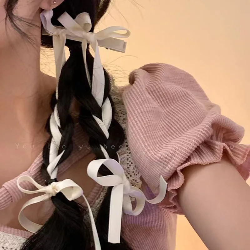 2Pcs Fashion Long Ribbons Braided Bows Hair Clips Hairpins For Women Girls Ponytails Holder Cute Headwear Hair Accessories