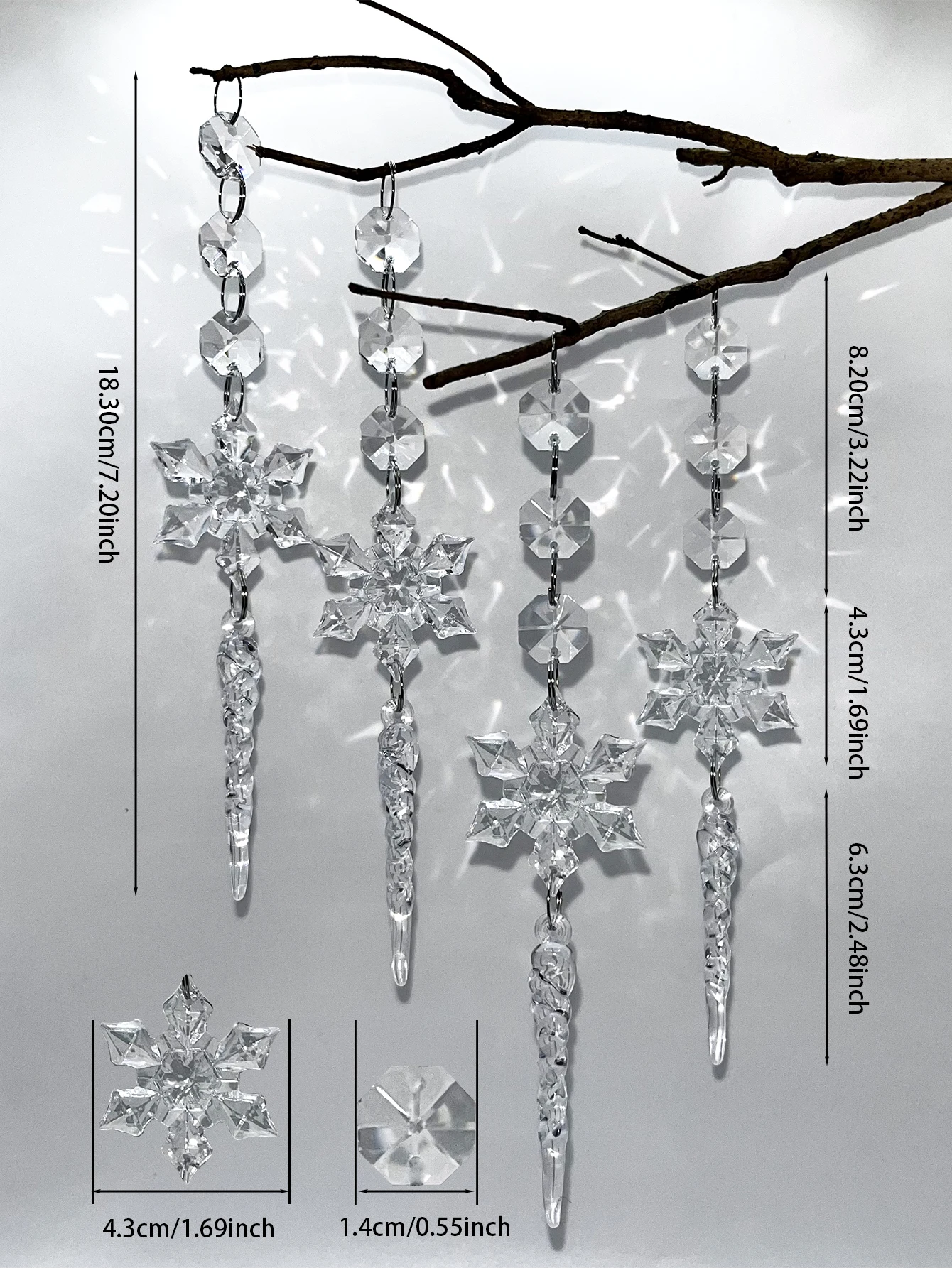 12PCS Snowflake Transparent Acrylic Crystal Hanging Ornament Christmas Festival Decoration Home Decor Christmas Tree Decoration