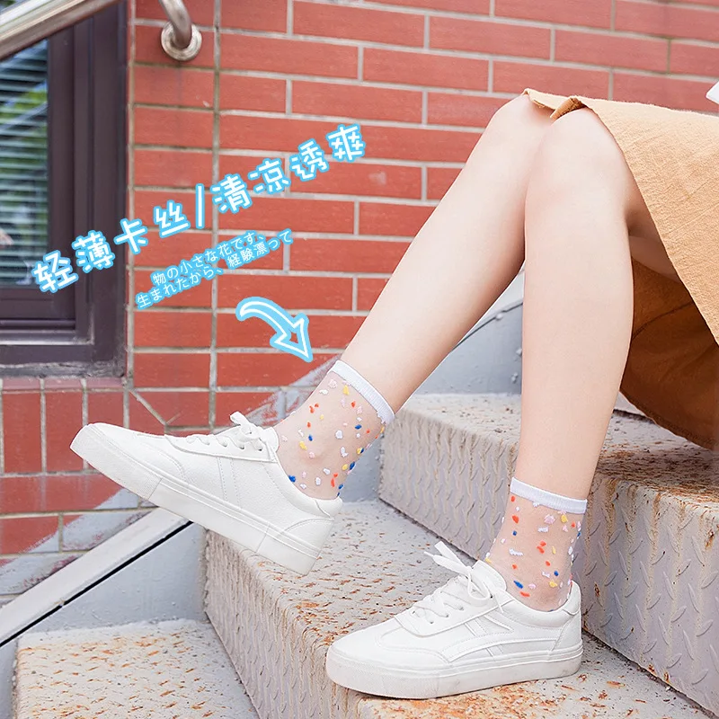 Women Socks Fashion Sheer Mesh Glass Silk Socks Ultrathin Transparent Crystal Lace Fabulous Elastic Ladies Summer Ankle Sock