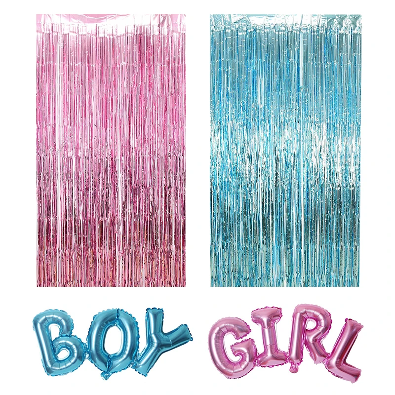 Gender Reveal Decoration Fringe Curtain Blue Pink Boy Girl Foil Balloon Gender Reveal Party Supplies Baby Shower Photo Backdrop