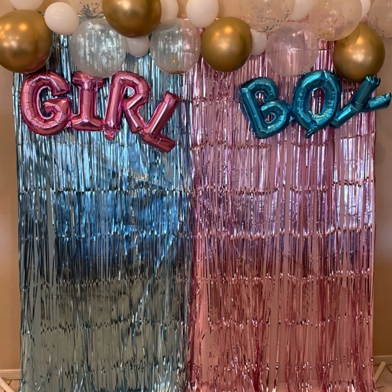 Gender Reveal Decoration Fringe Curtain Blue Pink Boy Girl Foil Balloon Gender Reveal Party Supplies Baby Shower Photo Backdrop