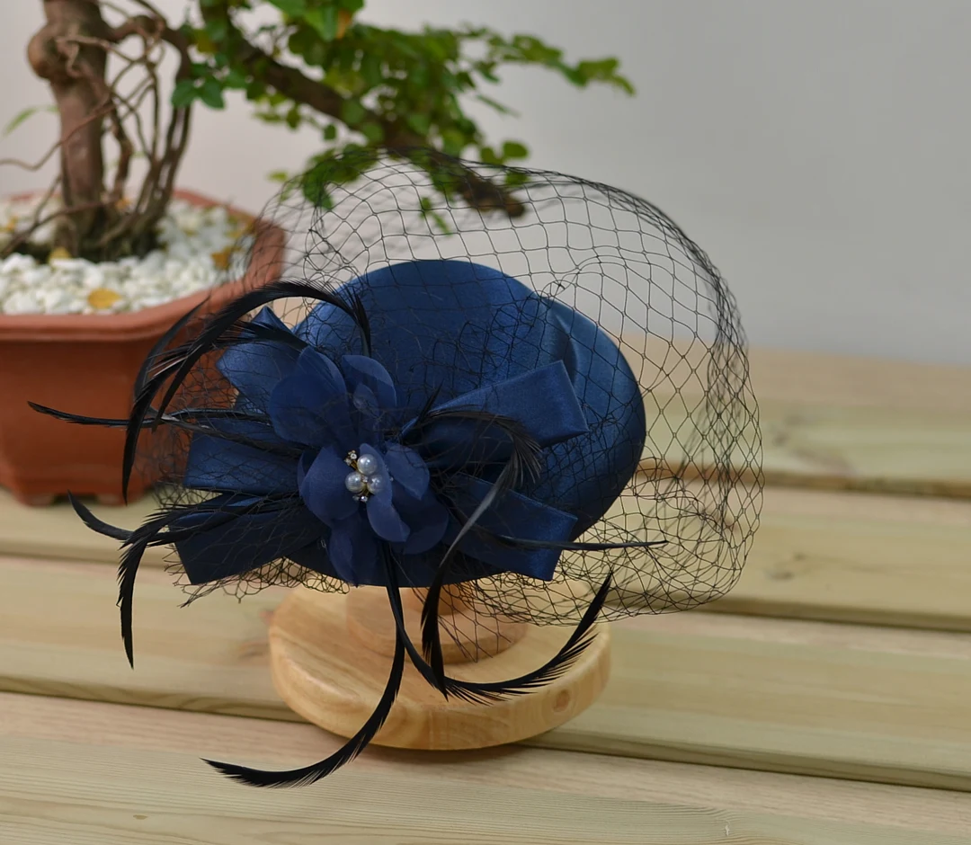 Satin Fascinator Hat With Veil, Bridal Rhiunstone Beaded Hat Fashion Hat for Women Ladies
