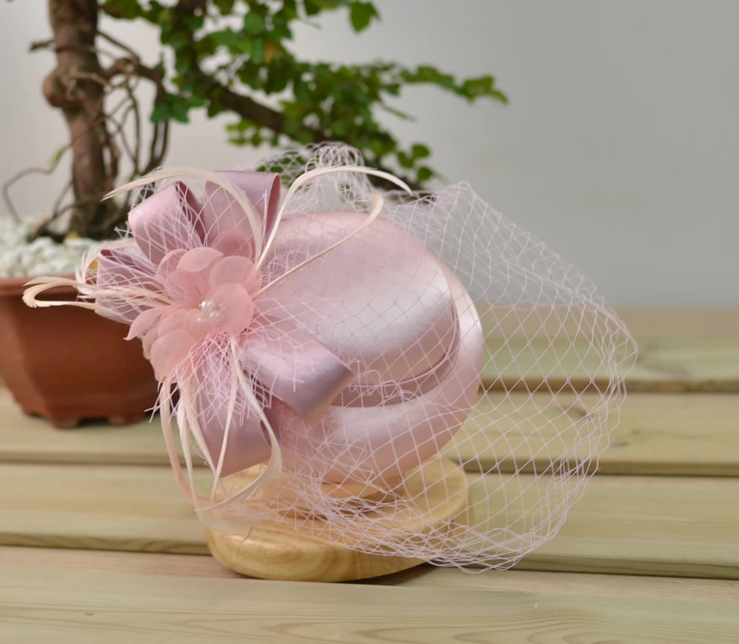 Satin Fascinator Hat With Veil, Bridal Rhiunstone Beaded Hat Fashion Hat for Women Ladies