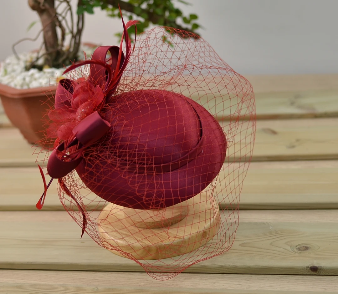 Satin Fascinator Hat With Veil, Bridal Rhiunstone Beaded Hat Fashion Hat for Women Ladies