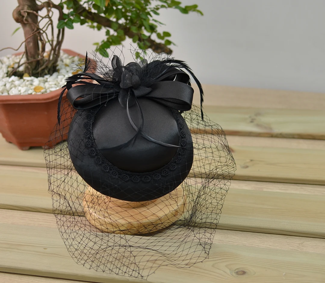 Satin Fascinator Hat With Veil, Bridal Rhiunstone Beaded Hat Fashion Hat for Women Ladies