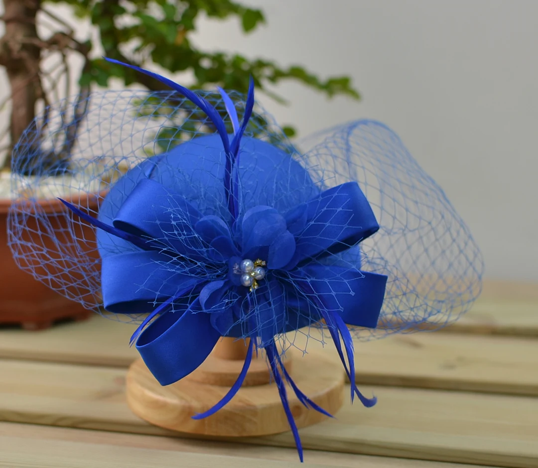 Satin Fascinator Hat With Veil, Bridal Rhiunstone Beaded Hat Fashion Hat for Women Ladies